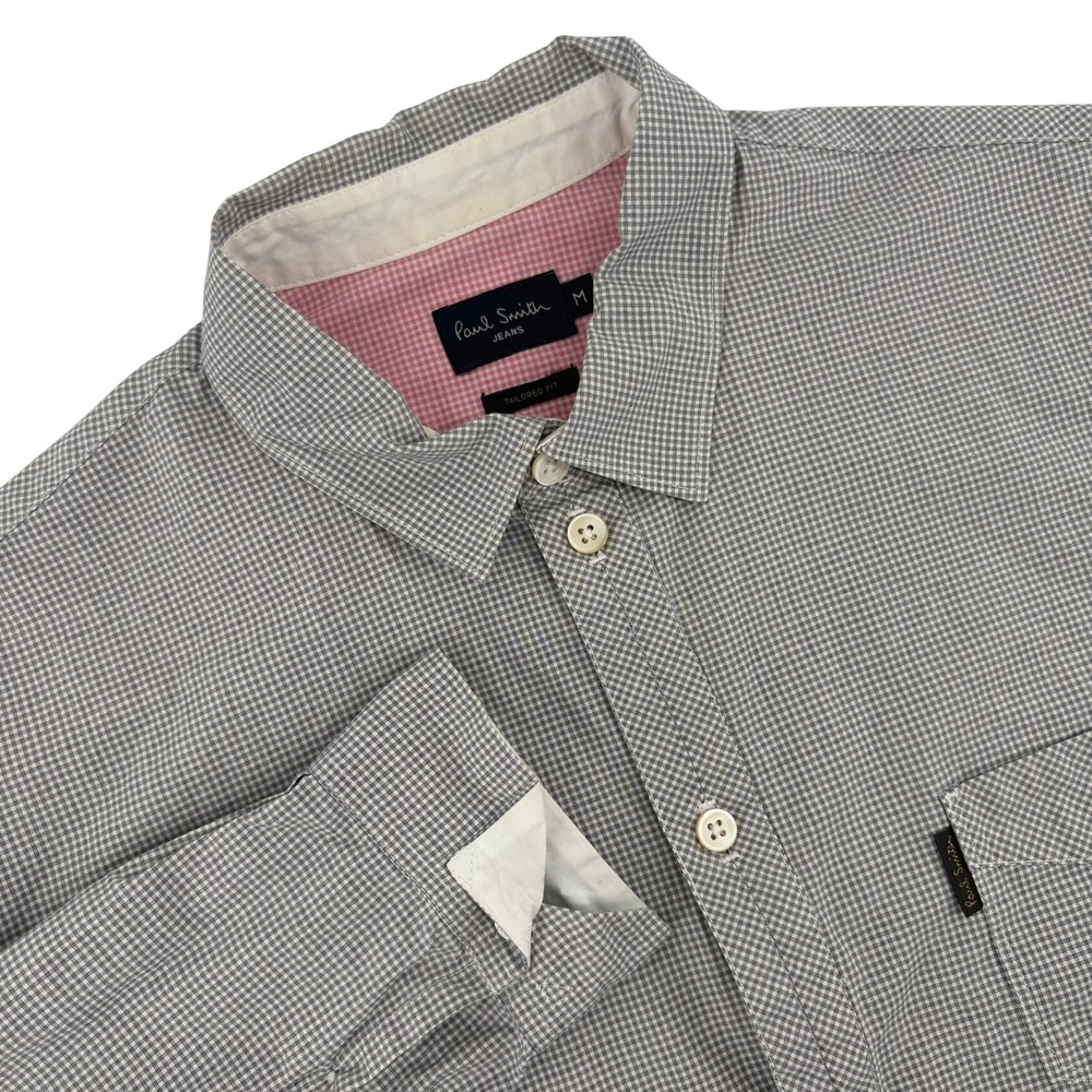 Paul Smith Jeans Mens Grey Micro Check Tailored Fit Button Down Shirt SZ M Flaw